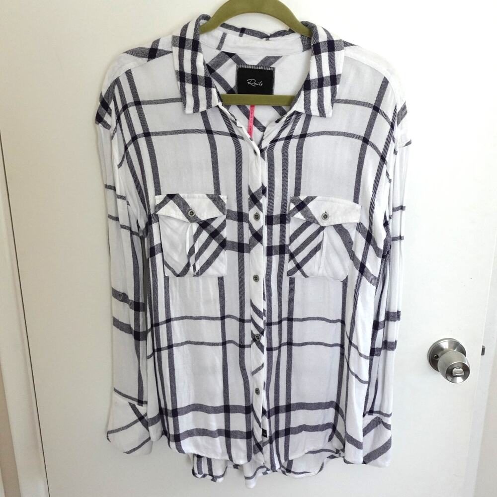 Rails x Free People Hunter White Navy Plaid Button-Up Shirt Long Sleeve Top Sz S